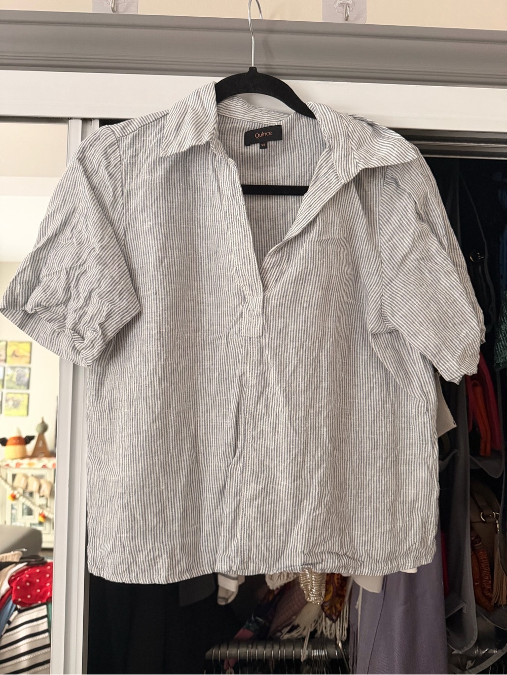 Quince Women’s Short-Sleeve Striped Button-Down Shirt - White and Gray